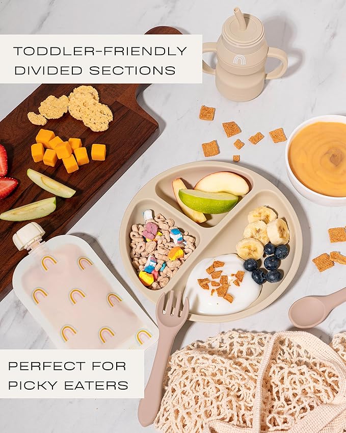 Hippypotamus Toddler Plates with Suction - 100% Food-Grade Silicone Baby Plates with Lids - Microwave & Dishwasher Safe - BPA Free - Set of 3 (Fog/Nude/Sage with LIDS)