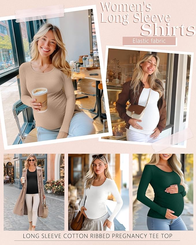 Riyiper 4 Pack Women's Maternity Shirts, Long Sleeve Cotton Ribbed Pregnancy Tee Top Crewneck Side Ruched Casual Mama Clothes