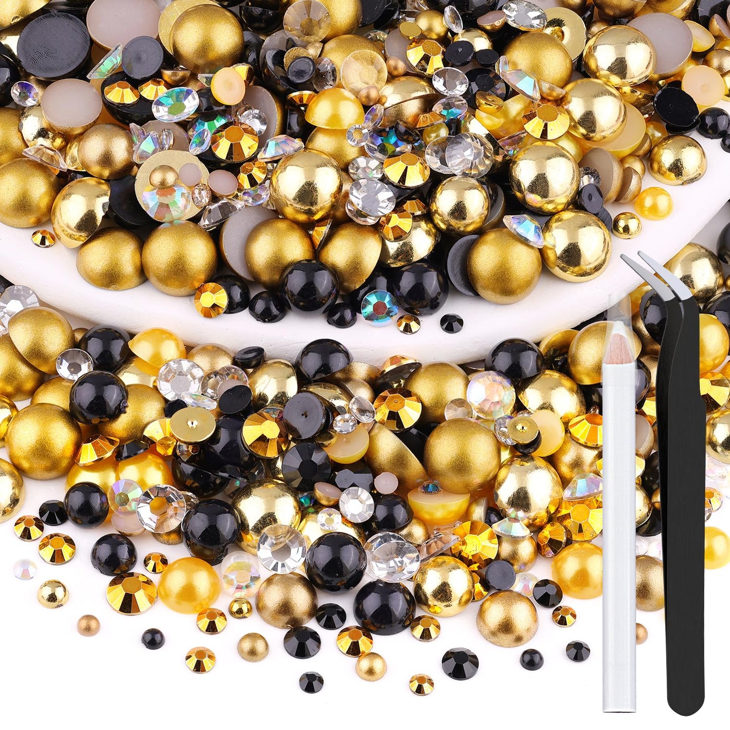 80g Flatback Pearls and Rhinestones for Crafting, Golden Black Mixed Size 3-10mm Resin Rhinestones and Half Pearls for Bedazzling, Nail Art and Decoration with Tweezer and Pickup Pencil