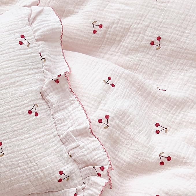 BuLuTu Cotton Muslin Kids Toddler Pillowcase Cherry Pattern, Soft Travel Pillow Ruffle Edge Nursery Pillow Case for Boys Girls, Bedding Decor, Durable Pillowcases 14"x20", 1 Piece