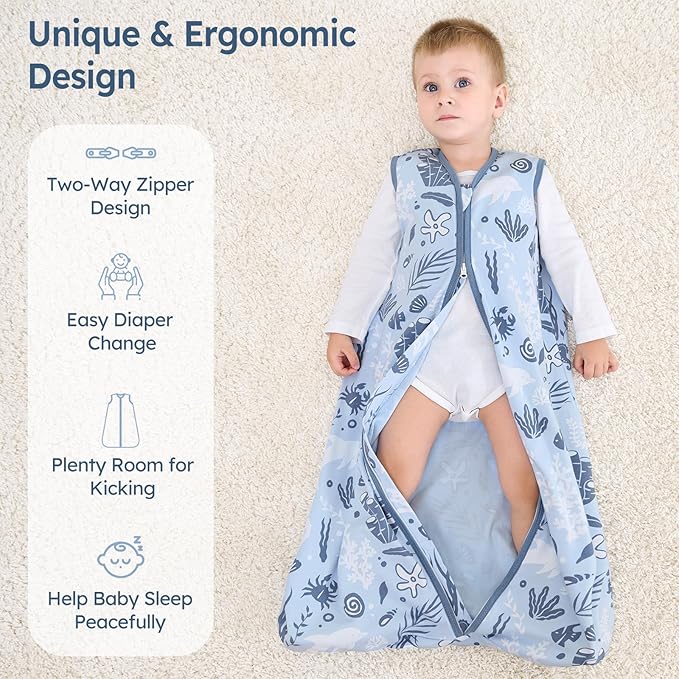 Baby Sleep Sack 18-24 Months 100% Cotton Lightweight 0.5 TOG Wearable Blanket Baby Sleep Bag with 2-Way Zipper for Infant Toddler Blue Dolphin