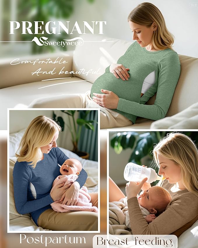 4 Pack Women's Nursing Breastfeeding Tops, Long Sleeve Maternity Shirts Loose Fit Hidden Zipper Pregnancy Clothes