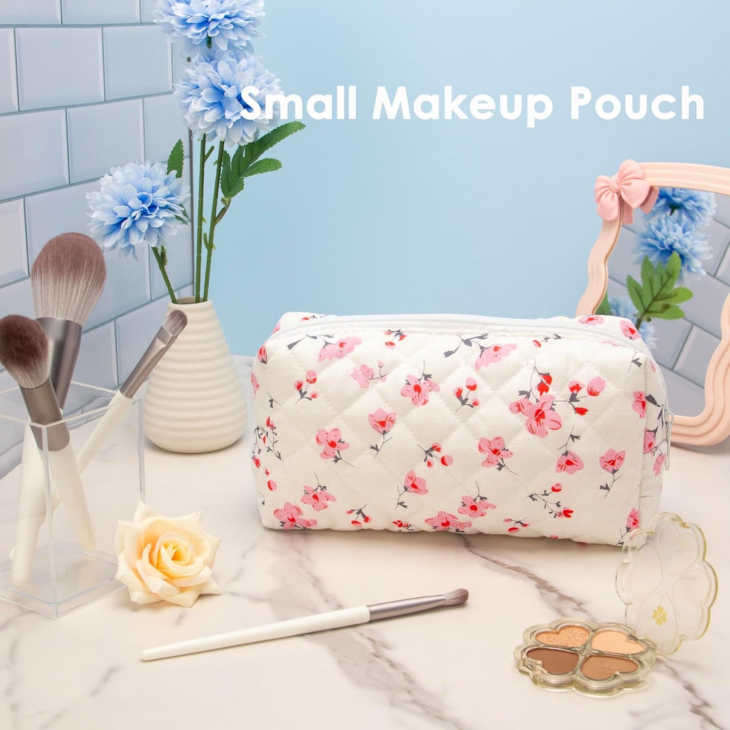 PAZIMIIK Vintage Quilted Makeup Bag Cosmetic Pouch for Brushes Pencils and Travel Make Up Accessories for Women and Girls Myrtle Pink