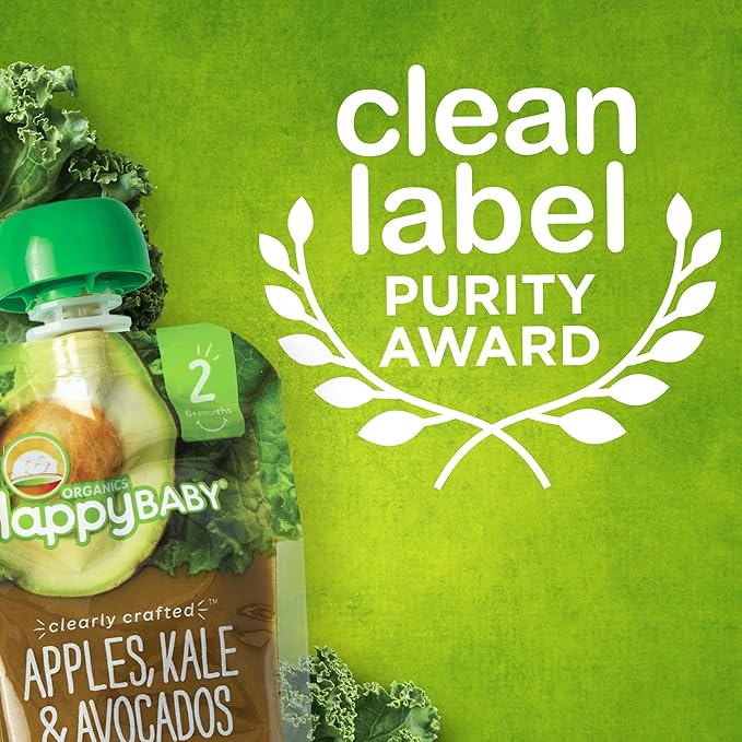 Happy Baby Organics Stage 2 Baby Food Pouches, Gluten Free, Vegan & Healthy Snack, Clearly Crafted Fruit & Veggie Puree, Apples, Bananas, Plums & Granola, 4 Ounces (Pack of 16)