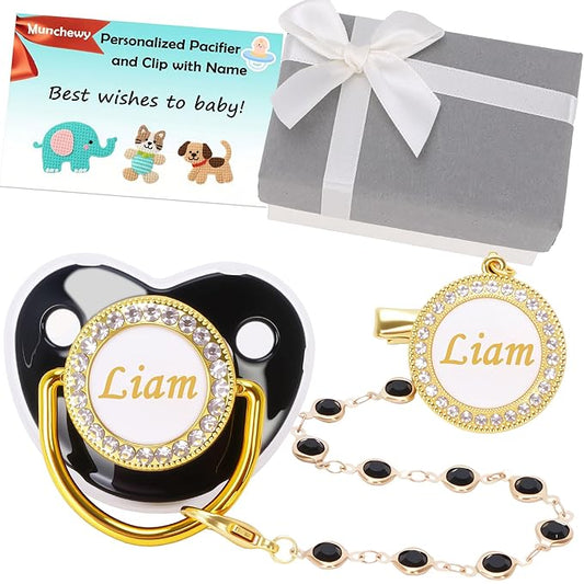 Custom Pacifier with Name, Personalized Pacifier Clip Set with Gift Box, Glitter Crystal Luxury Bling Soother Dummy, Ideal Gift for Boys Baby Shower, Christmas, Birthday, Newborn Photography(Black)