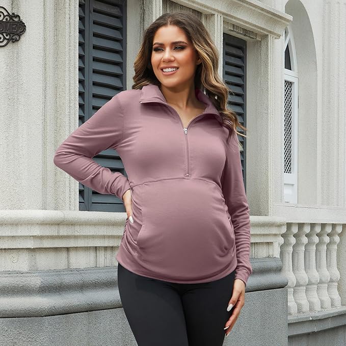 GINKANA Maternity Women's Long Sleeve Shirt Half Zipper Lapel Lightweight Casual Maternity Pullover with Pockets