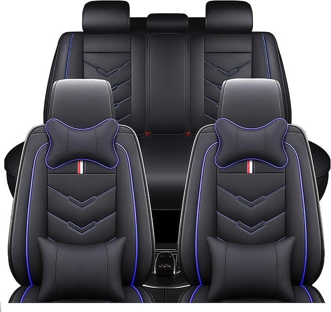 Leather Car Seat Covers Fit for LR Range Rover 2022-2025, 5 Seater Waterproof and Wear-Resistant Seat Cover Interior Accessories(Full Set with Pillow,Black&Blue)