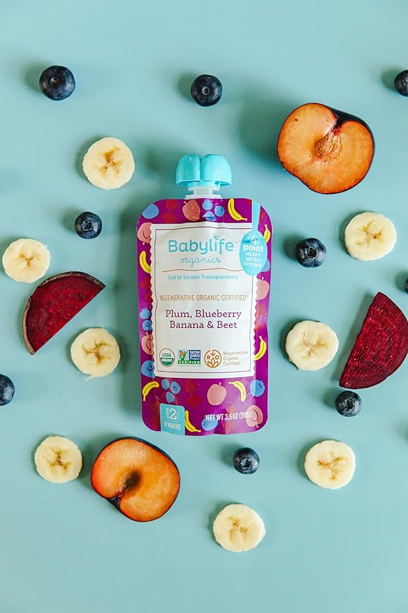 Babylife Organics Stage 2 - Plum, Blueberry, Banana & Beet, 3.5 Ounce Pouch (6 Pack) - Heavy Metal Safe, Organic Baby Food