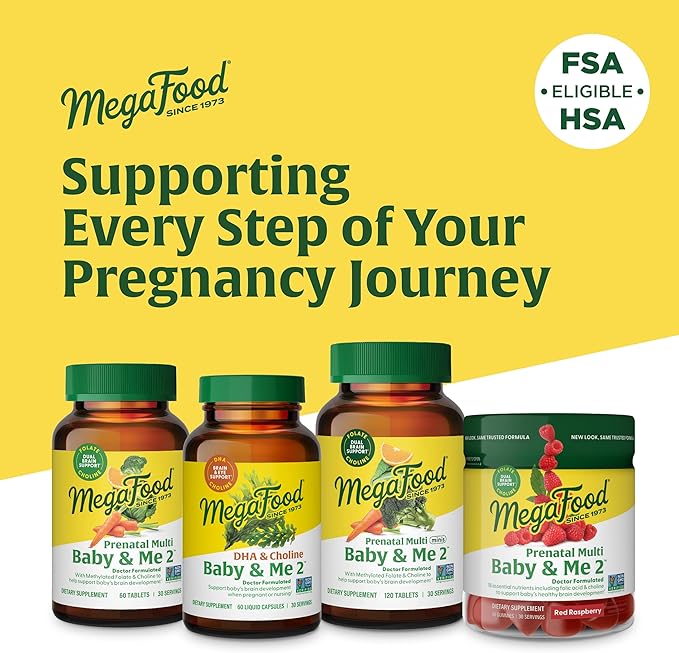 MegaFood Baby & Me 2 Prenatal Multi Minis - Prenatal Vitamins for Women with Choline & Methyl Folate - Gluten-Free, Vegetarian, Pre Natal Multivitamin for Women – 120 Minis Tablets, 30 Servings