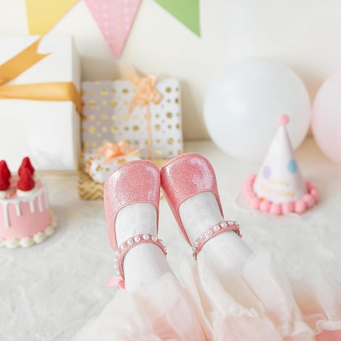 Baby Girls Mary Jane Flats - Infant Newborn Walking Shoes Soft Rubber Sole Princess Wedding
