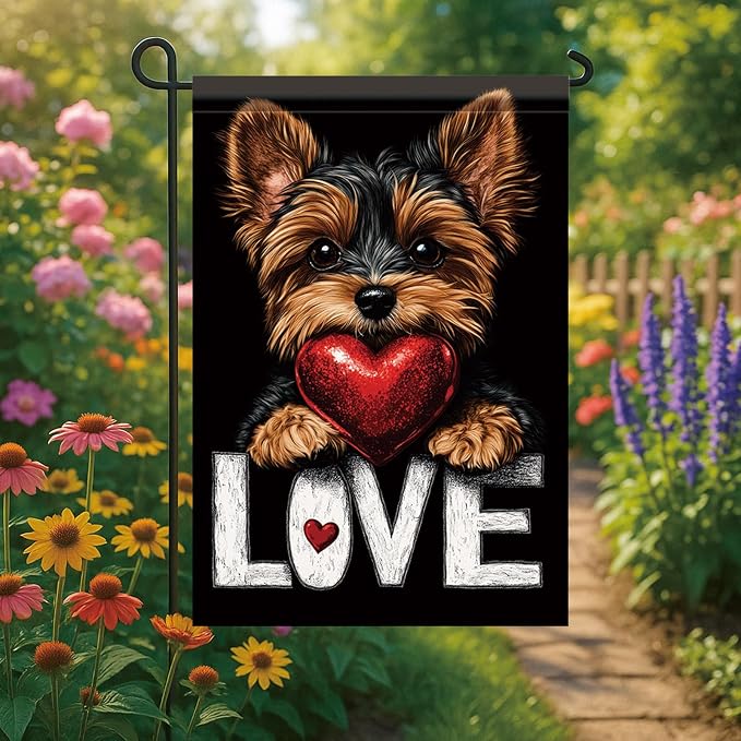 Cute Kasha Dog Garden Flag Holding Red Heart Love Sign Double Sided Yard Banner - Image 5