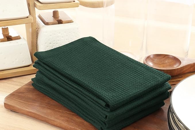 PurpleEssences Waffle Weave Kitchen Towel, 100% Cotton - 15 x 25 Inches, with Hanging Loop Ultra Soft Absorbent Quick Drying Dish Cloth, Tea and Hand Towels, 6 Pack - Fall Thanksgiving - Green