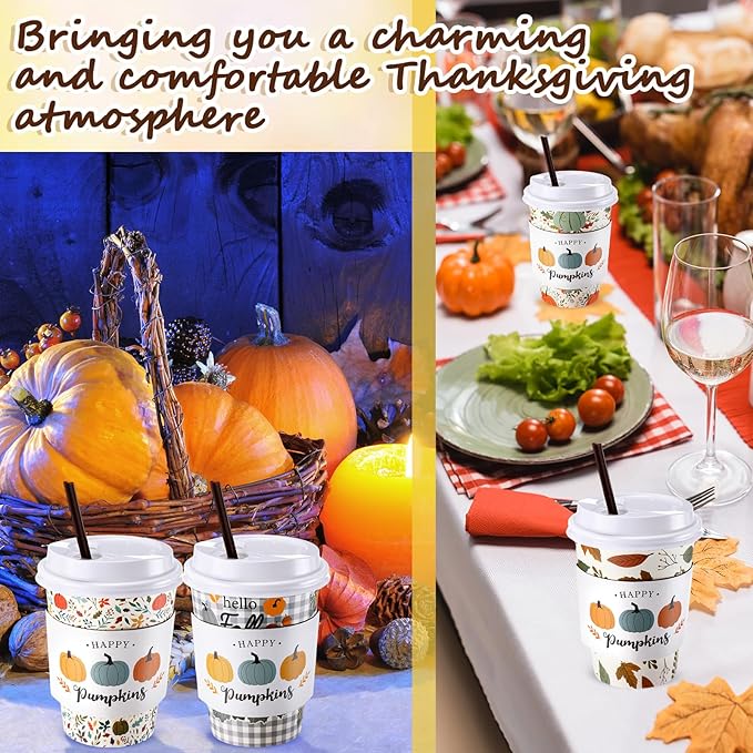 Lallisa 100 Sets Fall Thanksgiving Coffee Cup Bulk with Lid Disposable 12 oz Fall Hot Cups Paper and Sleeves Straws, Autumn Drinking Supplies for Holiday Party(Pumpkin Style)