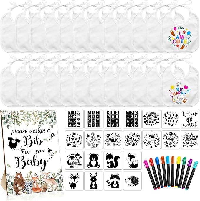 Newwiee 55 Pcs White Bibs for Baby Decorating Design a Bib Decorate Plain newborns Bibs Wooden Sign for Baby Shower Games Kit
