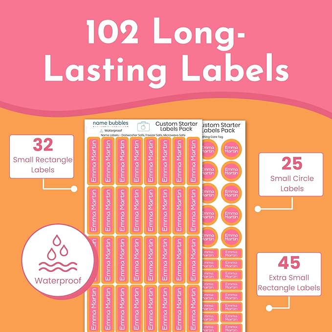 Name Bubbles - Basic Daycare Name Stickers for Kids (102 Count) - Personalized Waterproof Name Labels for School Supplies, Clothing Tags, Baby Bottles, All Ages - Washable Stick-On Labels (Split)