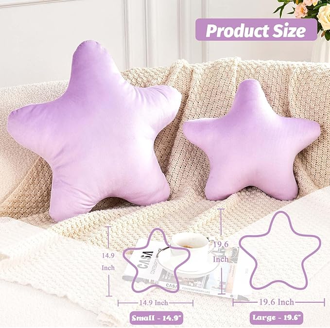 Lavender Star Throw Pillow, Cute Star Pillow Room Decor, Soft 14.9" Star Shaped Decorative Throw Pillow for Bedroom, Star Plush Floor Cushions Pillows