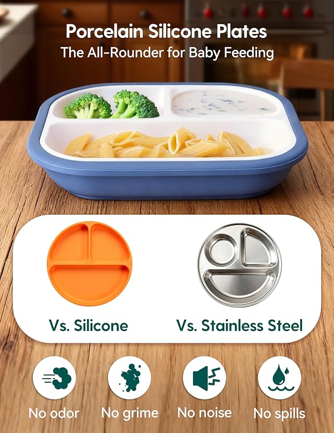 BABELIO 8'' Toddler Porcelain Plates with Silicone Suction Sleeves, Lead & BPA Free, Divided, Microwave & Dishwasher Safe, Stay Put, Suitable for Kids/Babies, Matcha Green