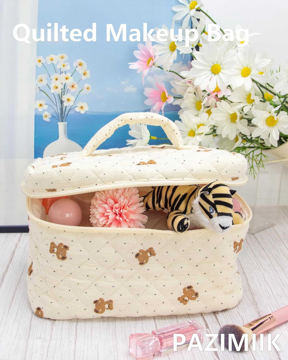 PAZIMIIK Quilted Makeup Bag Large Travel Zipper Soft Cosmetic Case for Women Girls Make Up,Gauze Bear