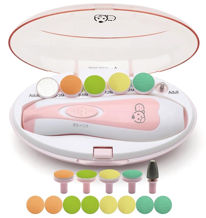 Baby Nail Trimmer 21 in 1, Usage Labeled Case & 13 Extra Replacement Tools, Royal Angels Baby Electric Nail File, Baby Nail Care, Nail Clipper Newborn Toddler Toes & Fingernails Nail Kit (Pink)