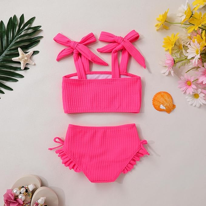 Toddler Swimsuit Girl Color Block Stripe Swimwear Baby Girl Summer Beach Bathing Suits Bikini Set with Ruffled Edges
