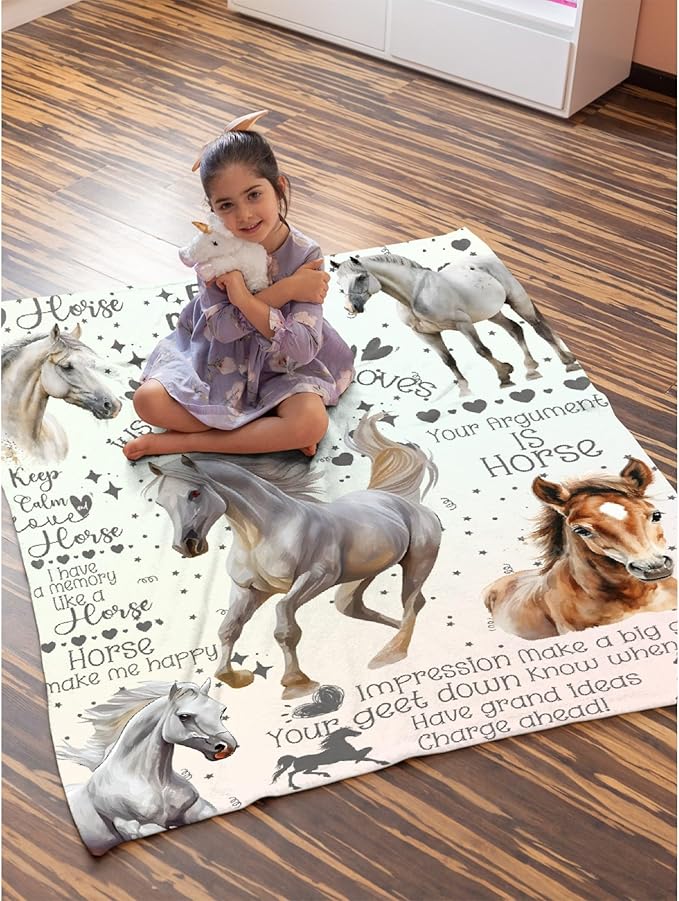 Horse Blanket for Boys Girls, Flowers Animals Kids Throw Blanket Gift for Child, Fluffy Cozy Soft Lightweight Blankets for Bed Office, 40x50 Inches
