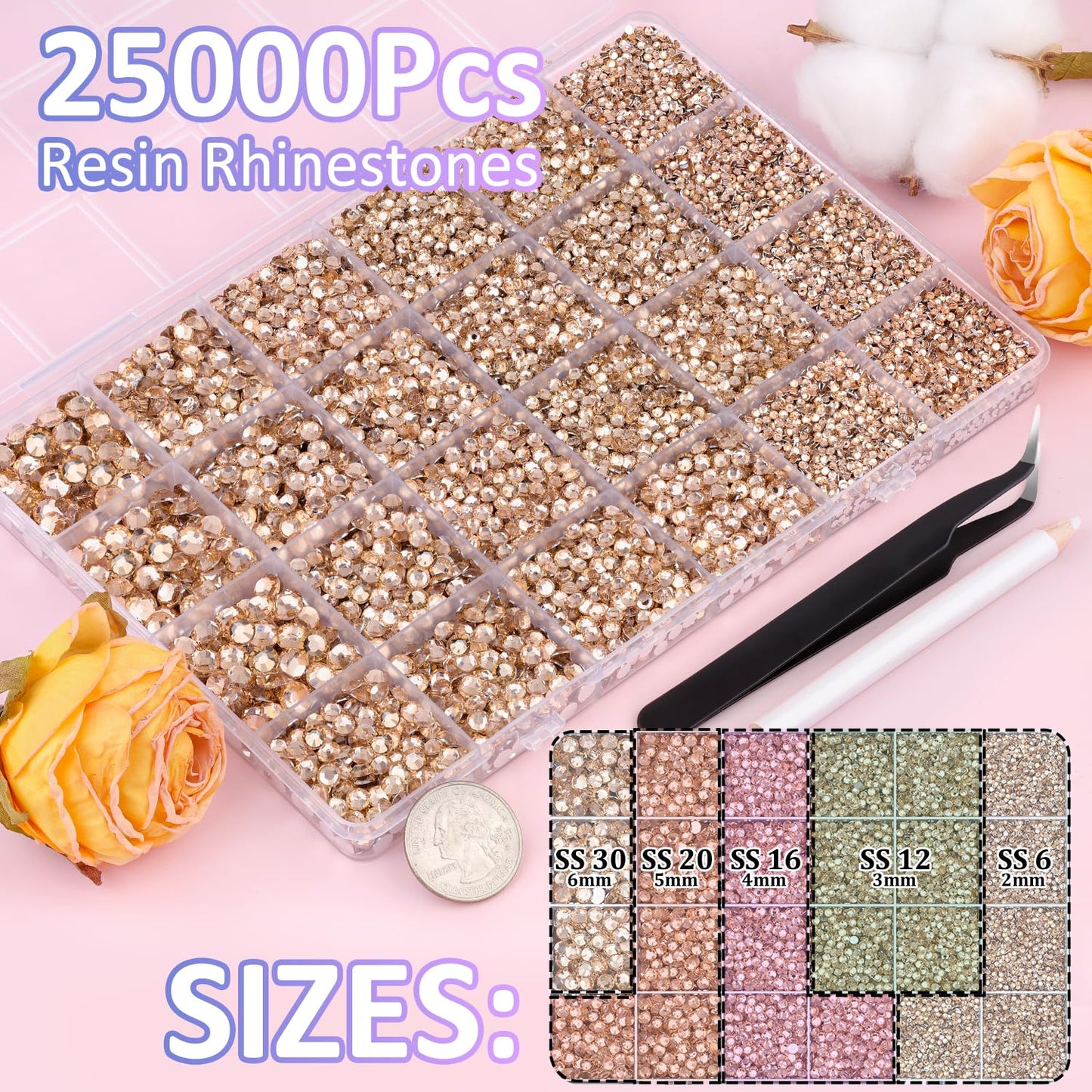 25000Pcs Resin Rhinestones with Tweezers for Crafting, Champagne 2-6mm Mixed Sizes Bedazzling Crystal with 3Pcs 10ml B7000 Jewelry Glue for DIY Crafts Clothing Tumblers Shoes Fabric Nail Art
