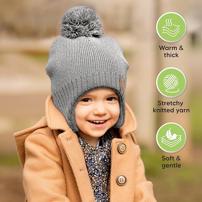 Baby Beanies, Baby Hats for Boys, Girls - Cute Toddler Winter Hat, Soft & Stretchy Beanies for Infant, Newborn 0-6 Months, Cozy & Warm with Earflap Muff & Pom (Gray, S)