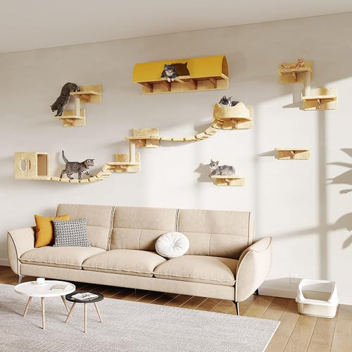 16-in-1 Cat Wall Shelves, Wall Mounted Cats Furniture Set w/Plush Fabric by Homiflex