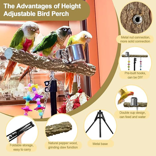 16-63 Inch Height Adjustable Bird Perch Pepper Wood Parrot Training Perch Stand - Image 2