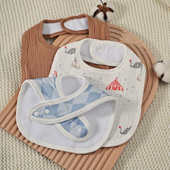 GLLQUEN BABY Muslin Drool Bibs for Boys Girls 8 Pack, Adjustable Baby Bibs for Drooling and Teething, Soft Cotton Baby Bandana Bib for Newborn Feeding Essentials (Circus)