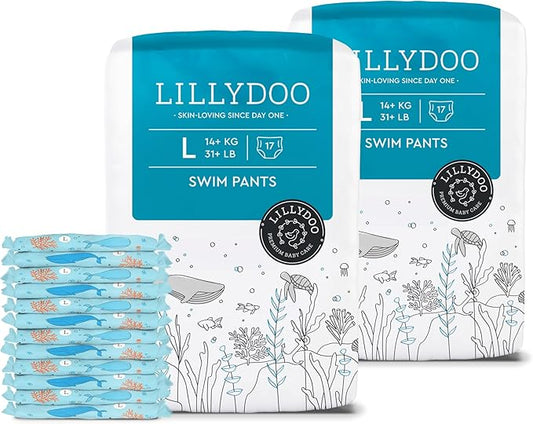 LILLYDOO Baby Swim Diapers - Size Large (31+ lbs), Half-Monthly Supply (34 Count), Blue Whales Design, Skin-Friendly, Perfume- & Chlorine-Free, Hypoallergenic, Dermatologist Tested, Oeko-TEX®