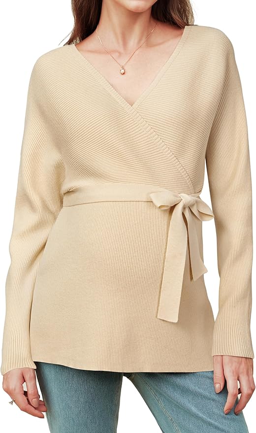 OUGES Womens Soft Cotton Blend Maternity Sweater Wrap V Neck Long Sleeve V Back Fall Shirts Pregnancy Outfits with Belt