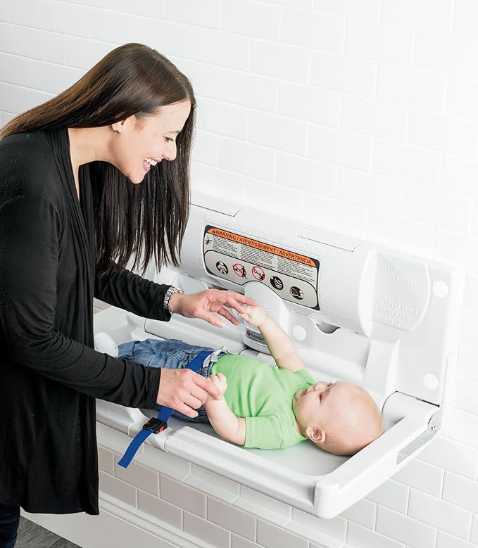 Foundations Classic Horizontal Wall-Mounted Baby Changing Station for Commercial Restrooms, Includes One Handed Adjustable Safety Strap & Liner Dispenser, Gray (100-EH)