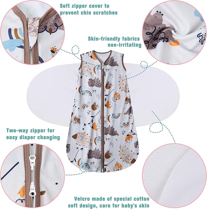 Newborn Sleep Sack Baby Swaddle,3-Way Adjustable Wearable Blanket,100% Rayon Cotton Swaddling Sleeping Bag，TOG 0.5 (Fox & Dinosaurs, 3-6 Months)