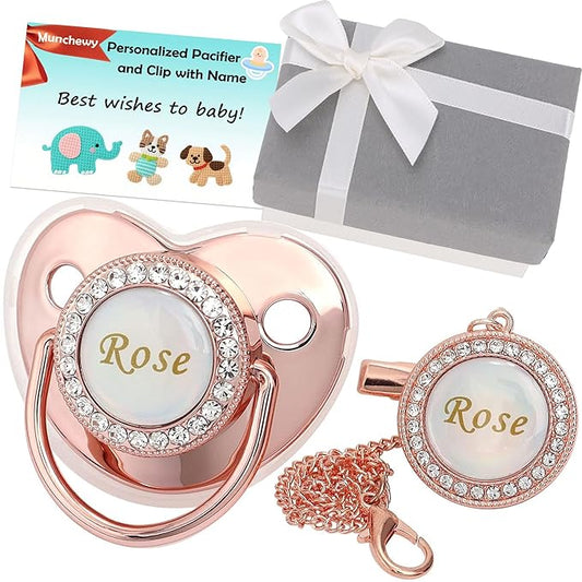 Personalized Pacifier with Name, Bling Pacifier Clip Set with Gift Box Greeting Card, Glitter Crystal Luxurious Soother Dummy Ideal Gift for Girl Baby Shower Newborn Photography(Rose Gold)