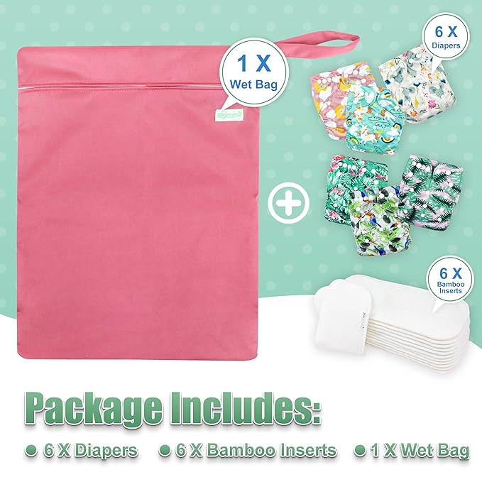 wegreeco Cloth Diapers 6 Pack with 6 Inserts & 1 Wet Bag, Washable Cloth Diapers for Babies, One Size Adjustable Reusable (Rainbow, Horse)
