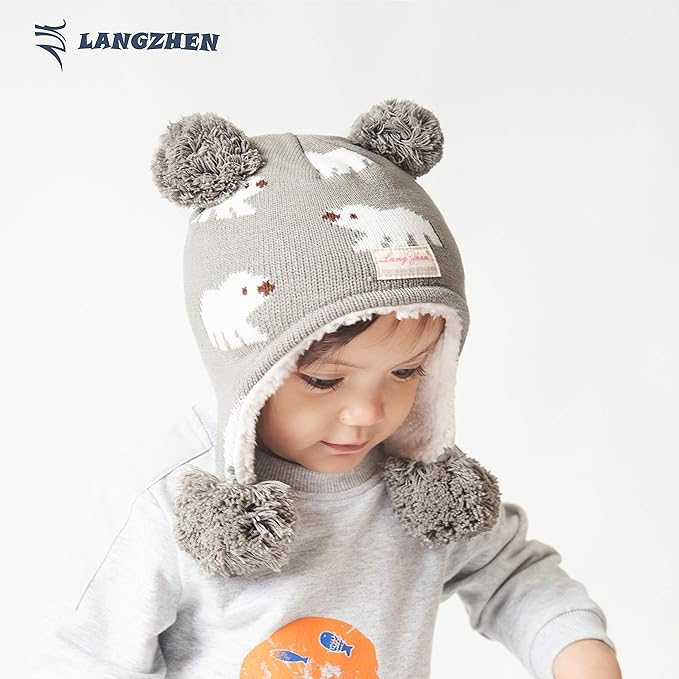 LANGZHEN Toddler Kids Infant Winter Hat,Earflap Knit Warm Cap Fleece Lined Beanie for Baby Boys Girls