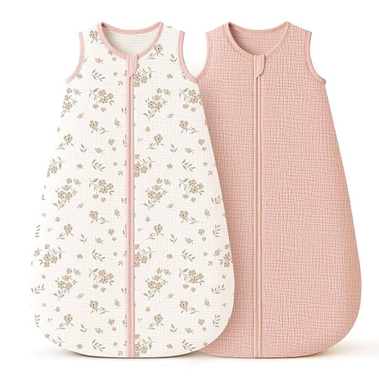 Konssy Muslin Baby Sleep Sack 6-12 Months 0.8 TOG, 2 Pack 100% Cotton Wearable Blanket for Babies, 2-Way Zipper Breathable Sleeping Sack Infant Toddler Essentials for Girls and Boys (Blossom, Pink)