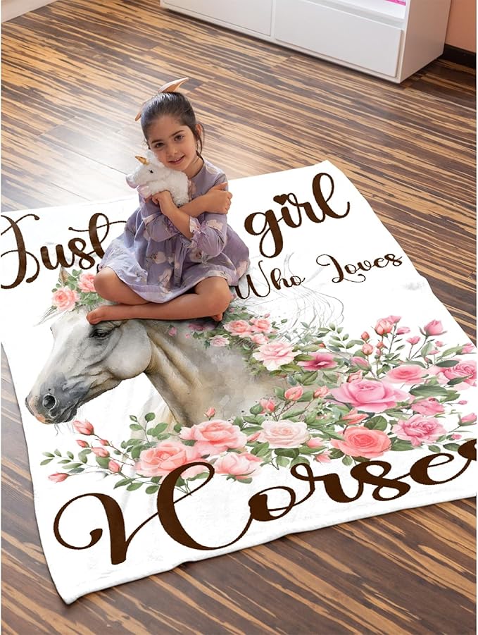 Just A Girl Who Loves Horses Blanket for Boys Girls, Flowers Animals Kids Throw Blanket Gift for Child, Fluffy Cozy Soft Lightweight Blankets for Bed Office, 40x50 Inches