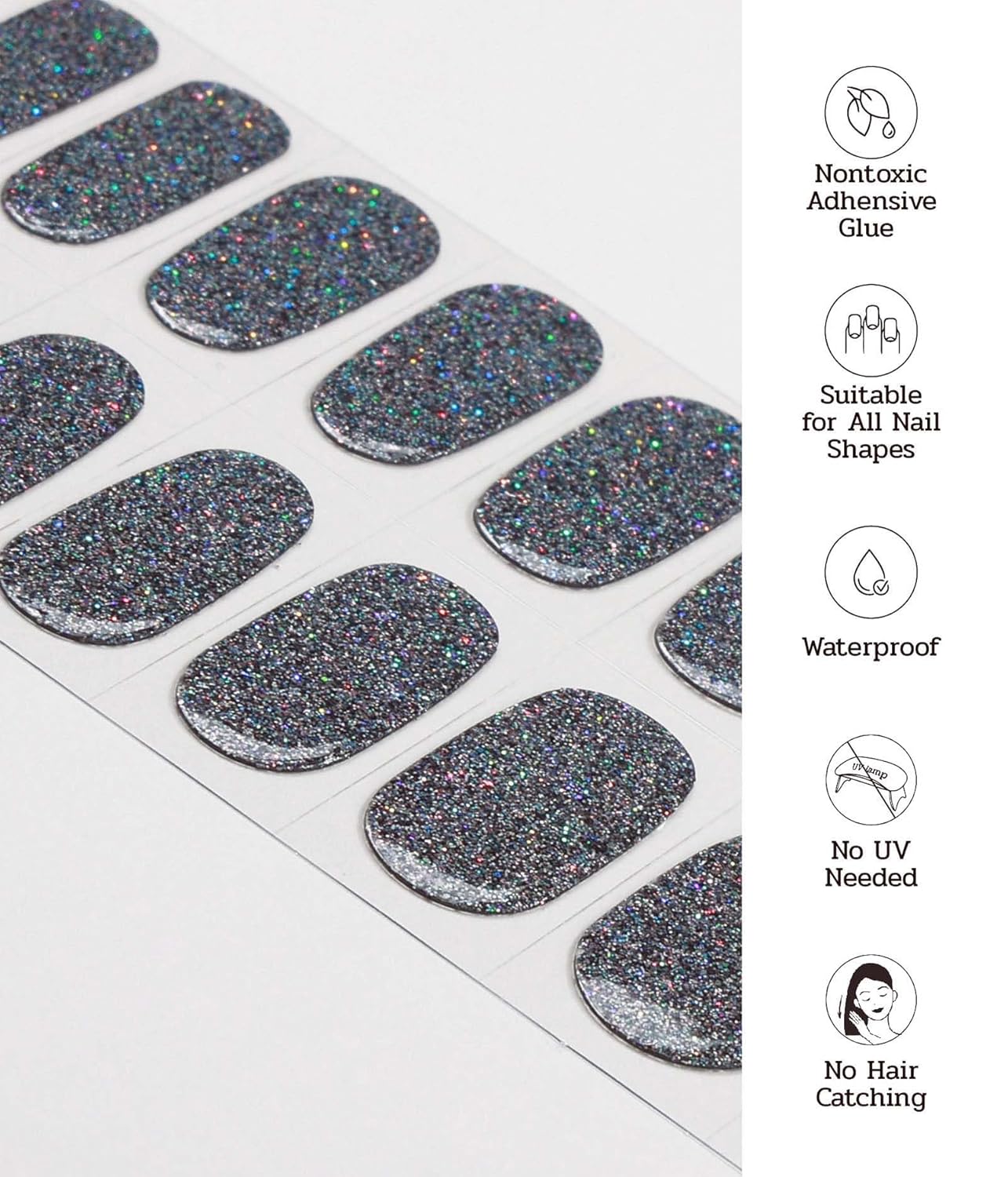 Nail Polish Strips - 22 Pcs Salon Quality Gel Nail Stickers - Long Lasting Wraps (Mystery Black Glitter)
