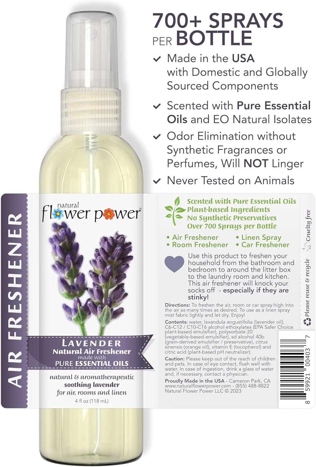 Air Freshener Spray - Odor Eliminator with Essential Oils for the Home, Car & Fabric - Cruelty Free & Vegan - Lavender + Peppermint & Lemon - 2 x 4 oz