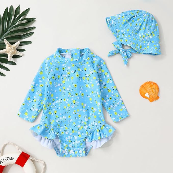 Infant Baby Girl Swimsuit One-Piece Long Sleeve Rash Guard with Hat Set Floral Zipper Bathing Suit Leopard Beach Wear