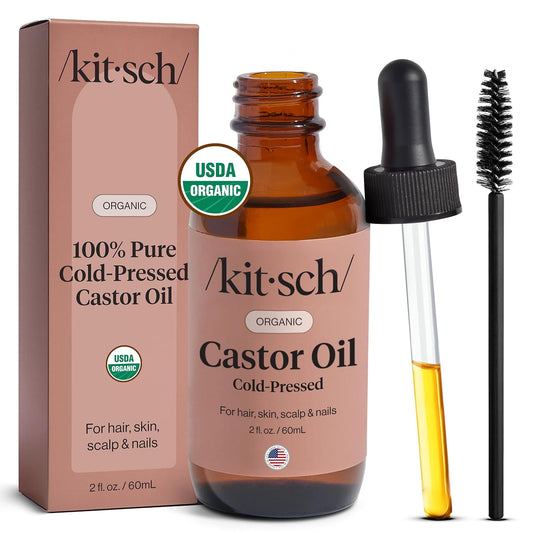 Kitsch Organic Castor Oil for Hair Growth - 100% Pure Castor Oil, Organic Cold Pressed Unrefined Glass Bottle for Face, Skin, Lashes, Brows, Scalp, Nails & Belly Button - Hexane Free, USDA - 2 oz