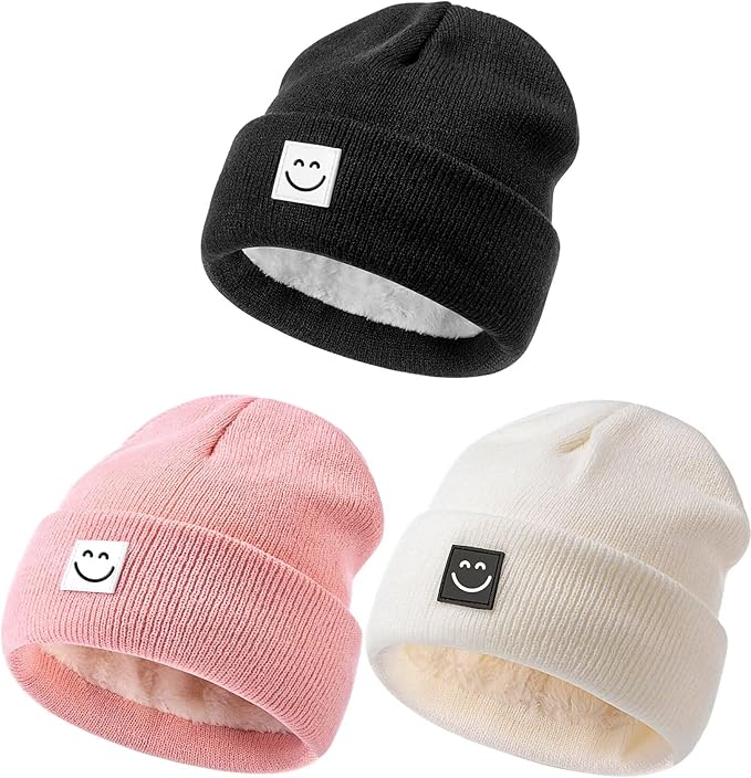 Baby Beanie Hat 3 Packs with Cute Smiley Face, Toddler Girls Boys Baby Hats Winter, Kids Winter Hat Cold Weather
