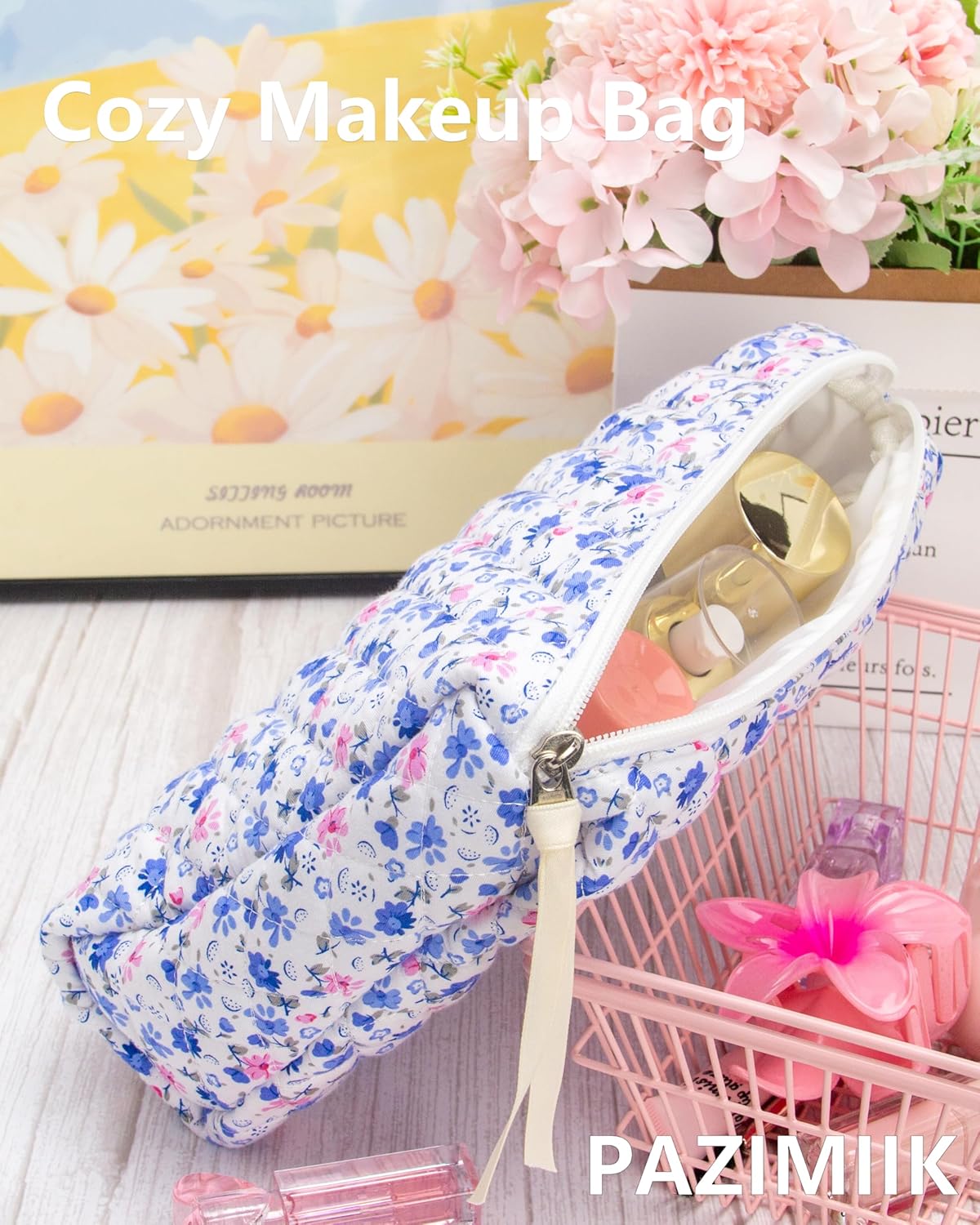 PAZIMIIK 3PCS Makeup Bag SET Large Travel Quilted Zipper Soft Cosmetic Case Pouch for Women Girls Make Up,Floral Blue