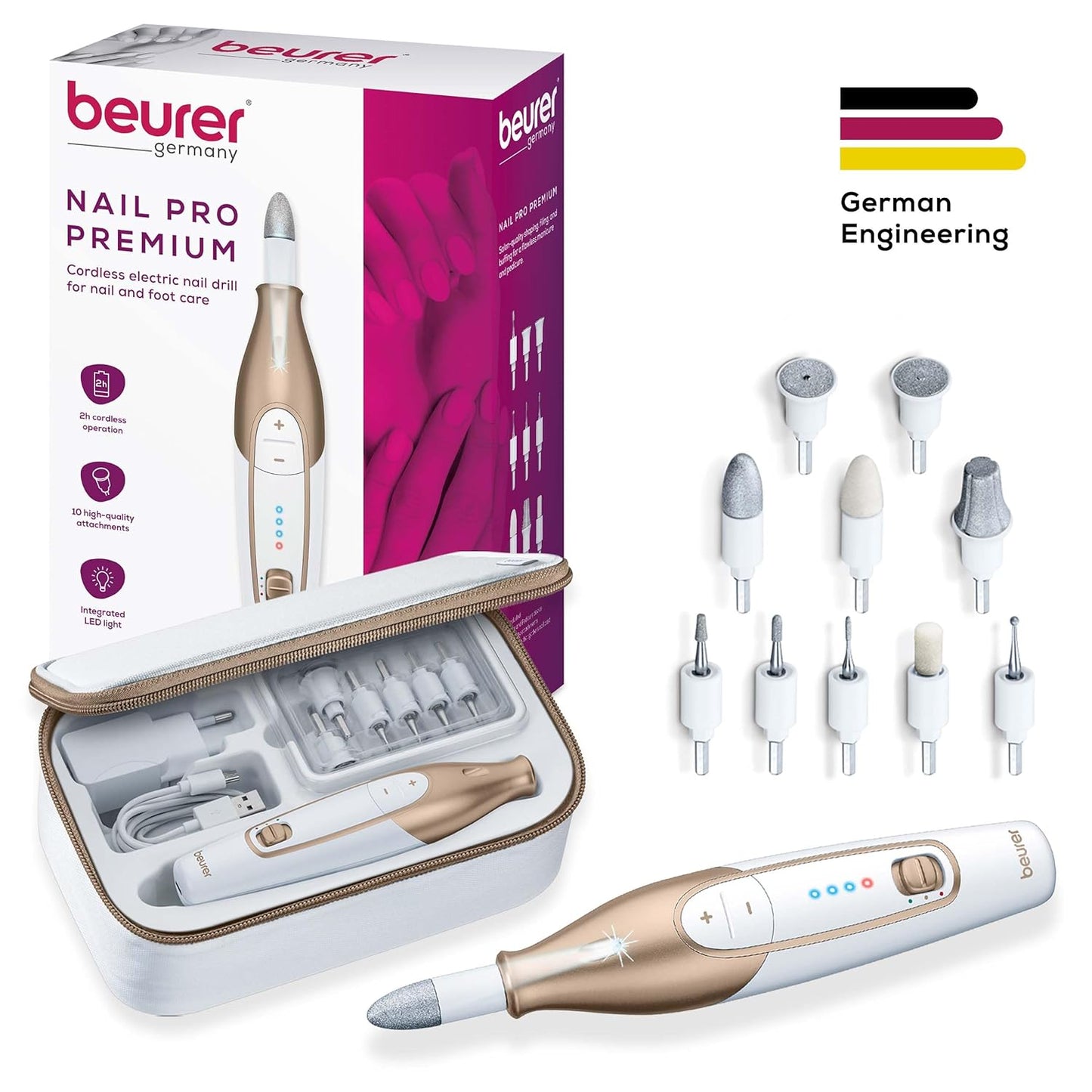 Beurer MP64 Nail Drill Kit, Cordless Electric Nail File with 10 Attachments and LED Light, Electric Manicure Set with Adjustable Speed, E-File for Manicure and Pedicure, with Storage Case