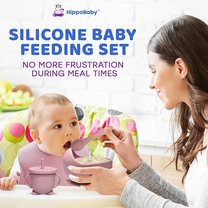 Baby Led Weaning Supplies |10 Piece Silicone Baby Feeding Set, Baby Toddler Bib Cup Divided Plate and Bowl Self Feeding Spoons Dish Set | Baby Utensils,Toddler Feeding Supplies (Rose Quartz)
