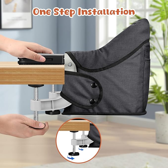 Hook On High Chair, Jozzve Clip on High Chair with Removable Dining Tray for Babies and Toddlers, Fold-Flat Storage Portable Baby Feeding Seat, Attach to Fast Table Chair for Home Travel (Black)