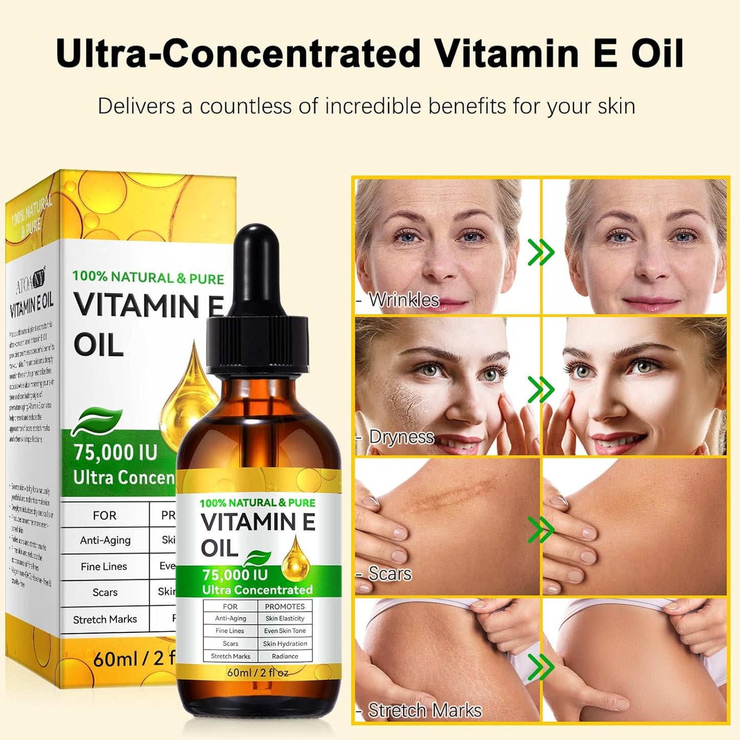Essential Vitamin E Oil for Skin,Face,75000 IU Pure Vitamin E Body Oil for Women Girls 4 Oz