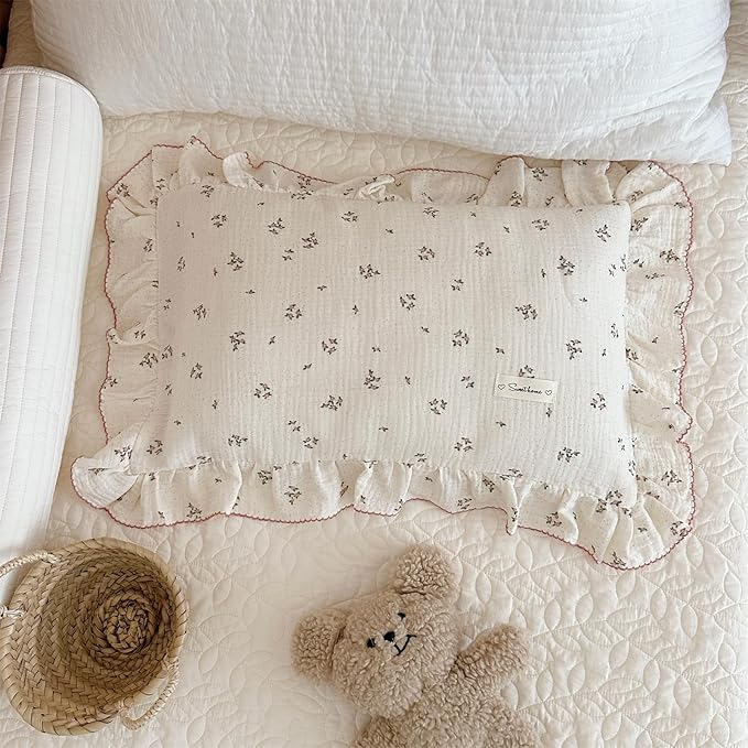 AOJIM Cotton Muslin Kids Toddler Pillowcase with Floral Print Patterns for Room Decor Super Soft Nursery Bedding Pillow Cover for Girls Boys Durable Baby Travel Pillowcase, Machine Washable,14x20''